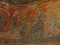 Polignac, Eglise, Chapelle lat. droite, Fresque de la Vierge (14e), Nativite, Rois mages (2)